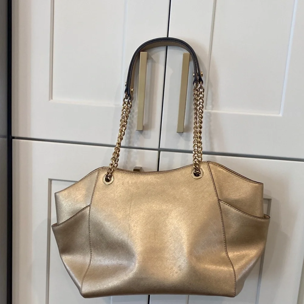 Michael Kors Metallic Gold Tote with Chain-Strap Accents - Picture 6 of 10